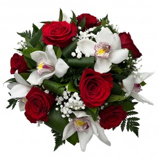 Storczyki białe z różami bordo